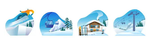 Vector illustration of A set of images with ski resorts.