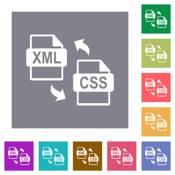 XML CSS file conversion square flat icons XML CSS file conversion flat icons on simple color square backgrounds extensible stylesheet language stock illustrations