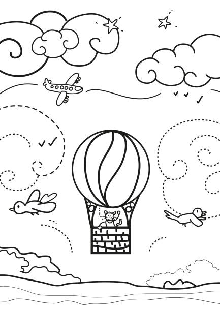 kolorowanka z linią dla dzieci rysująca balon na ogrzane powietrze z motywem samolotu i ptaków w powietrzu - creativity animated cartoon hand colored balloon stock illustrations