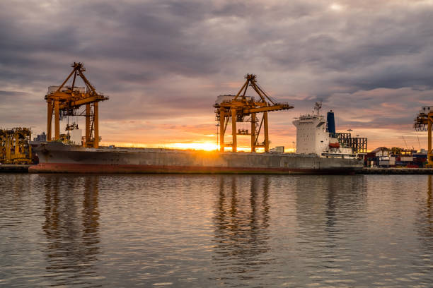 istock Goods depart cranes in harbor background 1363057654