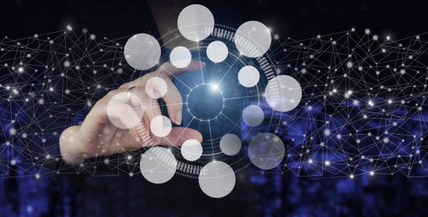 istock Innovation, big data concept technology. Hand hold digital hologram circular diagram sign on city dark blurred background. Social media concept. Communication network. 1363057966