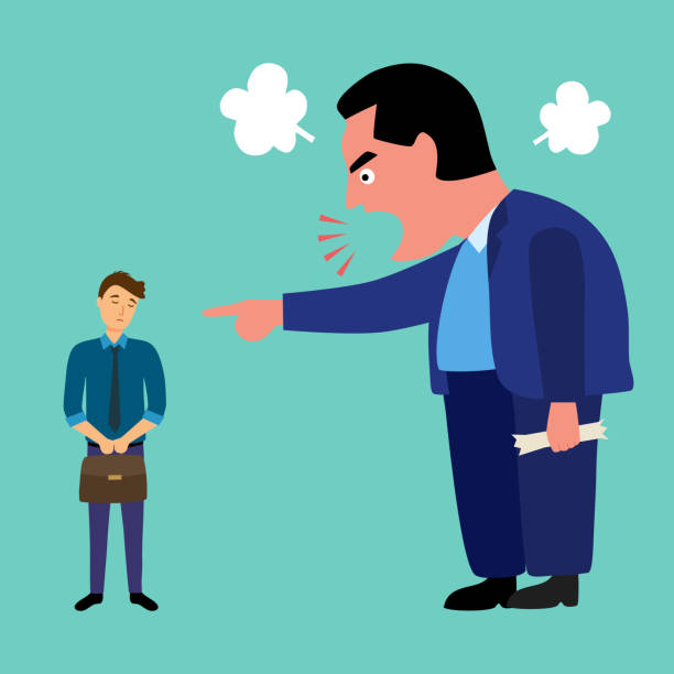 ilustraciones, imágenes clip art, dibujos animados e iconos de stock de jefe enojado gritándole a un empleado masculino en la ilustración vectorial del concepto de oficina. - manager rudeness bossy using voice