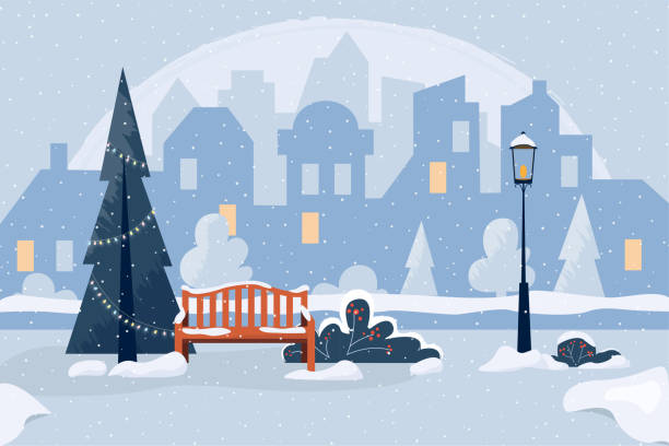冬市公園、ベンチ、クリスマスツリー、ランタンのパノラマを持つイラスト。降雪。モノクロカラーの夜の冬の街。カード、ポスター、バナーに適しています。 - snow winter bench park点のイラスト素材／クリップアート素材／マンガ素材／アイコン素材