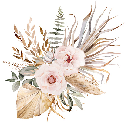 Watercolor Bohemian bouquet with tropical and cotton flowers, dried palm leaves and pampas grass illustration with copy space isolated. Beige arrangement for wedding design, greetings cards, crafting