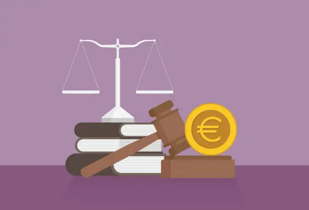 Vector illustration of Equal-arm balance, a book, a gavel, and a Euro coin on a table