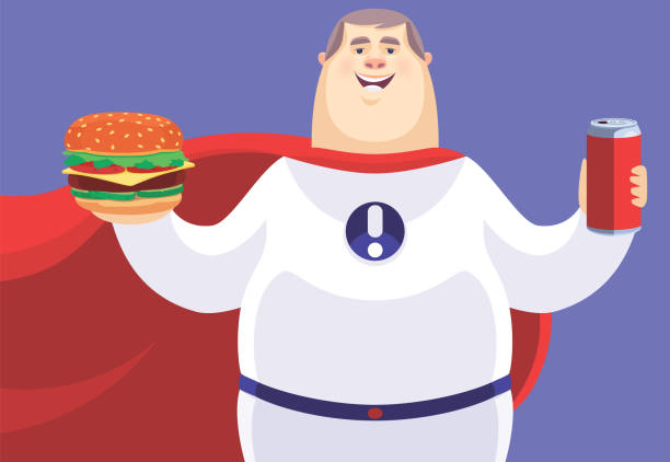 ilustrações, clipart, desenhos animados e ícones de super-herói acima do peso segurando hambúrguer e lata de refrigerante - cans toast