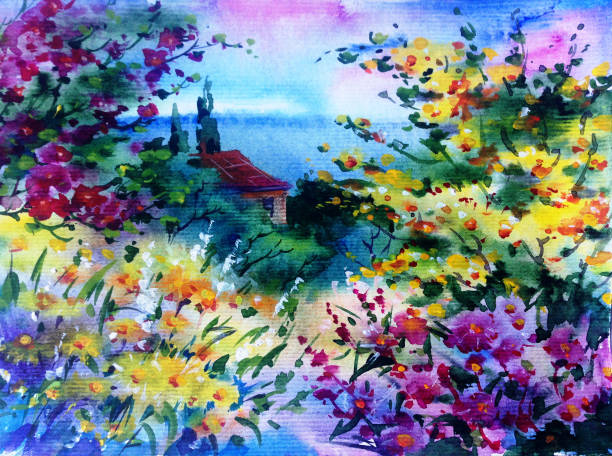 istock Watercolor colorful bright textured abstract background handmade . Mediterranean landscape . Painting of architecture and vegetation of the village 1363068345