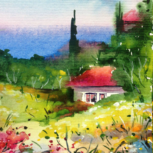 istock Watercolor colorful bright textured abstract background handmade . Mediterranean landscape . Painting of architecture and vegetation of the village 1363069107
