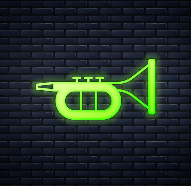 レンガの壁の背景に隔離された輝くネオントランペットアイコン。楽器。ベクトル - trumpet musical instrument bugle isolated点のイラスト素材／クリップアート素材／マンガ素材／アイコン素材