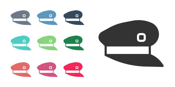 Black Train driver hat icon isolated on white background. Set icons colorful. Vector Black Train driver hat icon isolated on white background. Set icons colorful. Vector. transport conductor stock illustrations