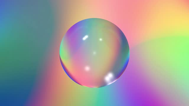 Abstract glass sphere suspended within a flowing spectrum vaporwave gradient