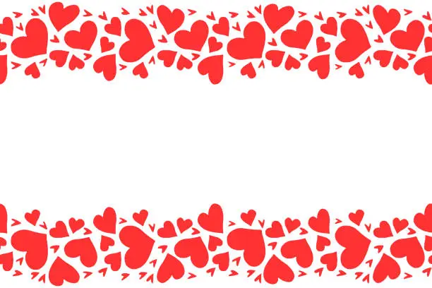 Vector illustration of Backgrounds, frames of red hearts. Hand drawn love romance theme. Horizontal top and bottom edging, border, decoration for birthday, Valentine's day, greeting card, wedding