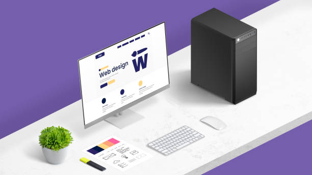 istock Web design studio concept with company page on computer display, and color palette on work desk. Isometric position 1363073938