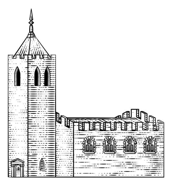 illustrazioni stock, clip art, cartoni animati e icone di tendenza di chiesa cattedrale vecchio edificio medievale d'epoca - stile normanno