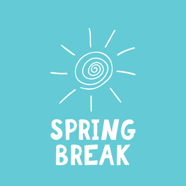 ilustrações de stock, clip art, desenhos animados e ícones de spring break text and sun. poster, banner, card, flyer. sketch hand drawn doodle style. vector minimalism. vacation, party, beach. trendy color 2022. - spring break