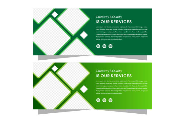 flat green horizontal web banner design template set of abstract modern web banner design template. horizontal layout with multicolor flat green on background. mosaic square space for photo collage. social media icon and copy space of text header footer template stock illustrations