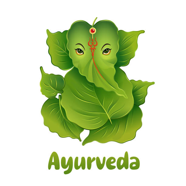 インド風の葉から緑の象の形をしたアーユルヴェーダのロゴ。ベクトルの図 - ganesh点のイラスト素材／クリップアート素材／マンガ素材／アイコン素材