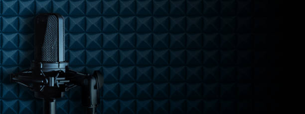 istock Professional microphone on blue acoustic foam background, Podcast or recording studio banner with copy space 1363078563