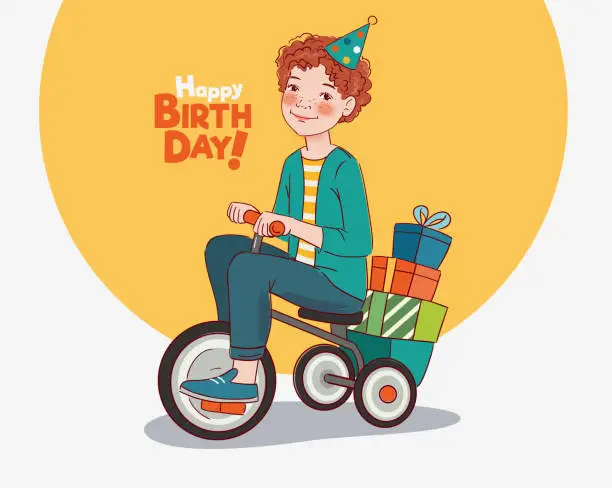 Vector illustration of Cute kid rides on bicycle. Funny boy having fun. Happy Birthday illustration vector concept