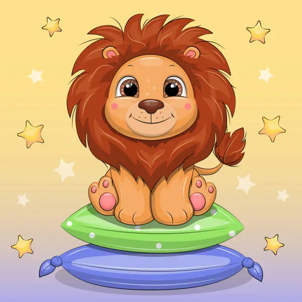 Vector illustration of Cute cartoon lion sitting on pillows.