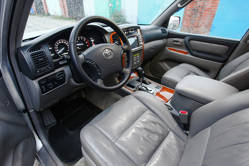 Novyy Urengoy, Russia - August 28, 2021: Interior of the offroad car Toyota Land Cruiser 100.
