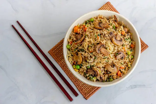 Chinese Vegetable Fried Rice with Mushroom Top Down Photo