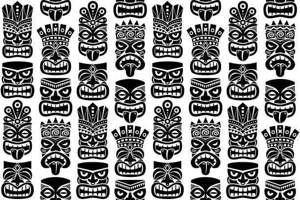 illustrazioni stock, clip art, cartoni animati e icone di tendenza di tiki pole totem vector seamless pattern - statua tradizionale o maschera repetitve design dalla polinesia e dalle hawaii - tiki