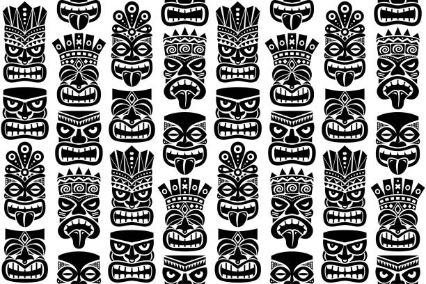 티키 폴 토템 벡터 원활한 패턴 - 폴리네시아와 하와이에서 전통적인 동상 이나 마스크 반복 디자인 - polynesia stock illustrations