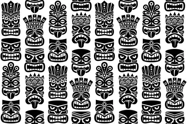 Vector illustration of Tiki pole totem vector seamless pattern - traditional statue or mask repetitve design from Polynesia and Hawaii