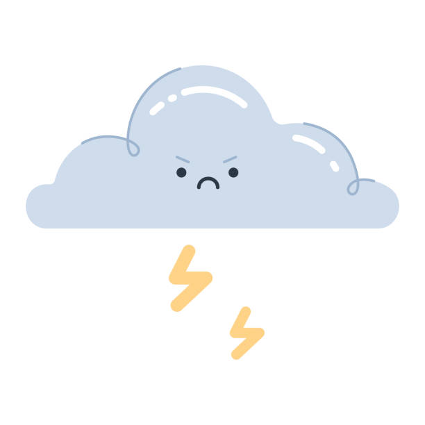 Angry cloud with lightning strikes. Cute thunder storm weather icon with childish character. Colored flat vector illustration isolated on white background Angry cloud with lightning strikes. Cute thunder storm weather icon with childish character. Colored flat vector illustration isolated on white background angry clouds stock illustrations