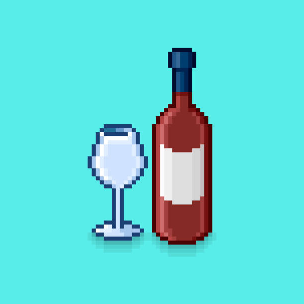 ilustrações de stock, clip art, desenhos animados e ícones de simple flat pixel art illustration of bottle of red wine and wineglass beside - wineglass wine glass red wine