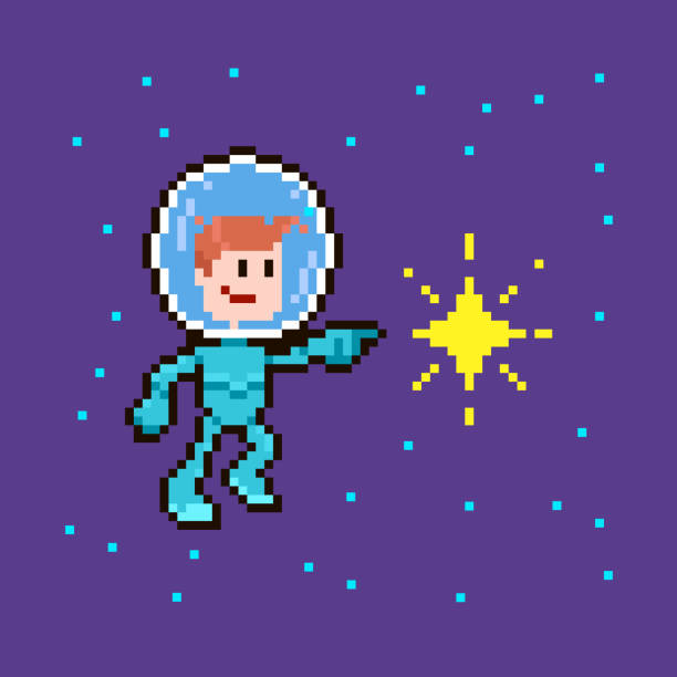 illustrations, cliparts, dessins animés et icônes de illustration simple en pixel art plat d’un homme de l’espace souriant en combinaison spatiale dans l’espace touchant une étoile - characters exploration colors old fashioned