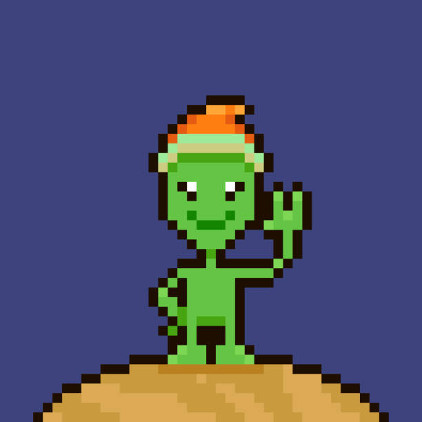 einfache flache pixel-art-illustration von cartoon freundlich lächelndem grünem alien in roter weihnachtsmannmütze, die auf dem planeten steht - green monster stock-grafiken, -clipart, -cartoons und -symbole