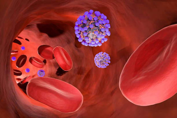 istock Blood cells and viruses in the human vein. 3d render. 1363086353