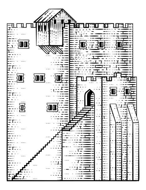 замок старое средневековое здание винтажная гравюра на дереве - fort fortified wall castle stone stock illustrations