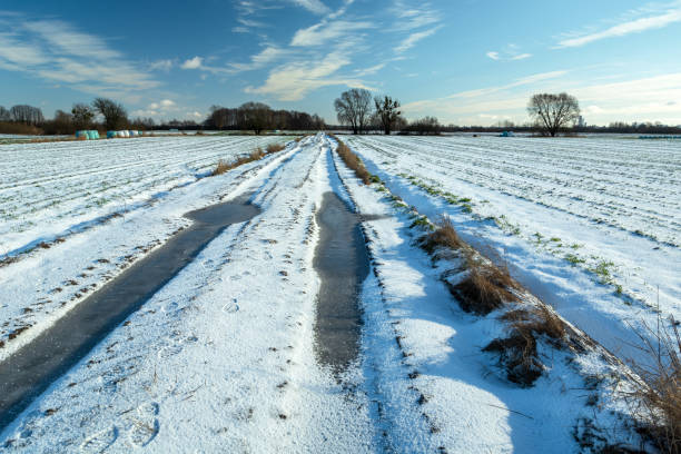 istock Winter landscape with a road in the field 1363088420