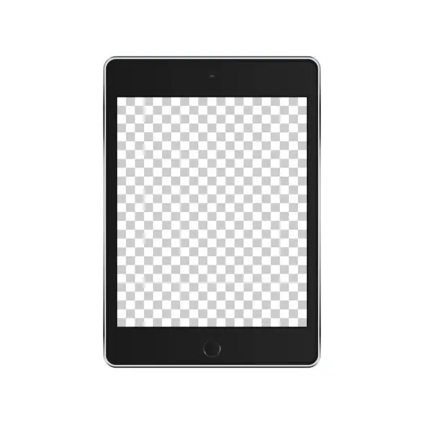Vector illustration of Black metal tablet with transparent screen in realism. Tablet mockup in vector