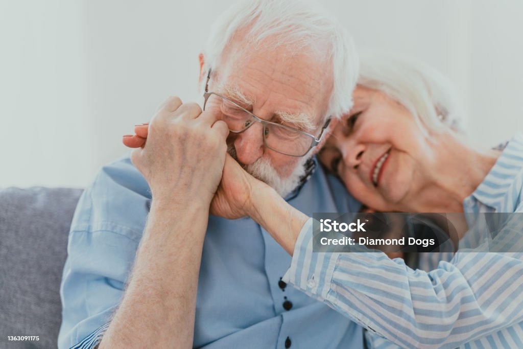 Elderly couple in love Senior couple together at home, happy moments - Elderly people taking care of each other, grandparents in love - concepts about elderly lifestyle and relationship Senior Adult Stock Photo