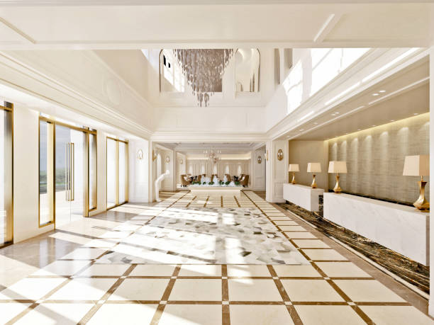 istock 3d render of luxury hotel reception and lobby 1363092281