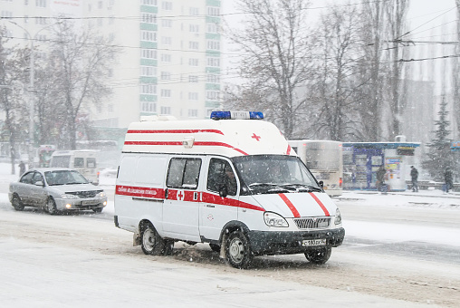 Ufa, Russia - January 14, 2009: Ambulance car GAZ 32216 Gazelle in a city street.