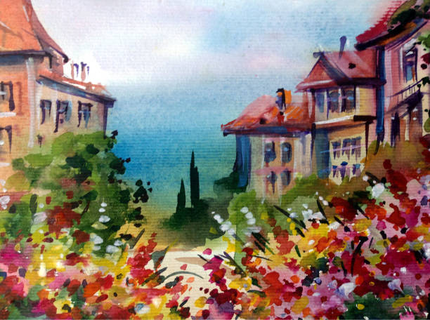 istock Watercolor colorful bright textured abstract background handmade . Mediterranean landscape . Painting of architecture and vegetation of the old town 1363092851