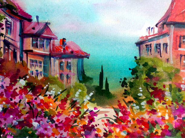istock Watercolor colorful bright textured abstract background handmade . Mediterranean landscape . Painting of architecture and vegetation of the old town 1363092863
