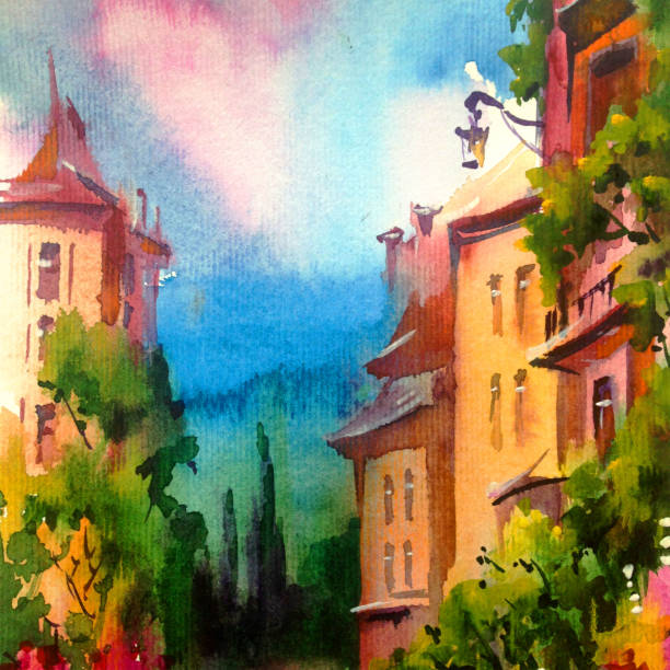 istock Watercolor colorful bright textured abstract background handmade . Mediterranean landscape . Painting of architecture and vegetation of the old town 1363093024