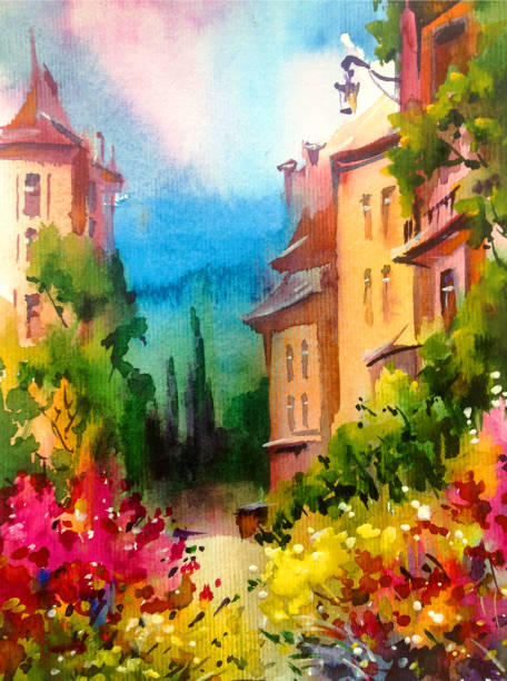 istock Watercolor colorful bright textured abstract background handmade . Mediterranean landscape . Painting of architecture and vegetation of the old town 1363093071