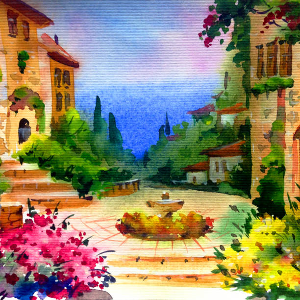 istock Watercolor colorful bright textured abstract background handmade . Mediterranean landscape . Painting of architecture and vegetation of the old town 1363093678