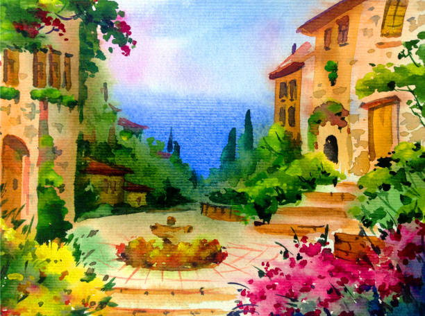 istock Watercolor colorful bright textured abstract background handmade . Mediterranean landscape . Painting of architecture and vegetation of the old town 1363093717