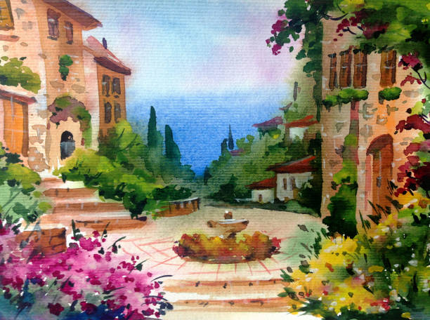 istock Watercolor colorful bright textured abstract background handmade . Mediterranean landscape . Painting of architecture and vegetation of the old town 1363093745