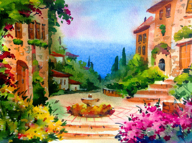 istock Watercolor colorful bright textured abstract background handmade . Mediterranean landscape . Painting of architecture and vegetation of the old town 1363093747
