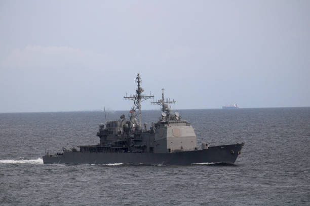 istock landscape view of navy (Military) ship in ocean 1363094284