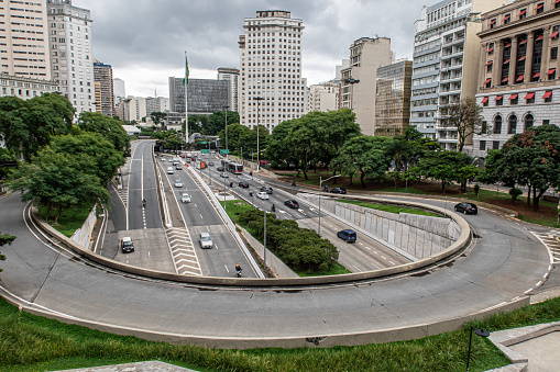 View of Avenida 23 de Maio in the Vale do Anhangabaú region in downtown São Paulo, Brazil